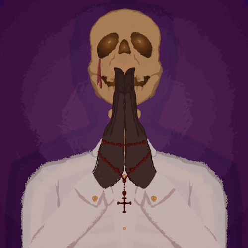 A skeleton on a purple backdrop wearing a button up shirt, it's praying with a rosary in it's gloved hands and a small stream of blood drips from it's right eye